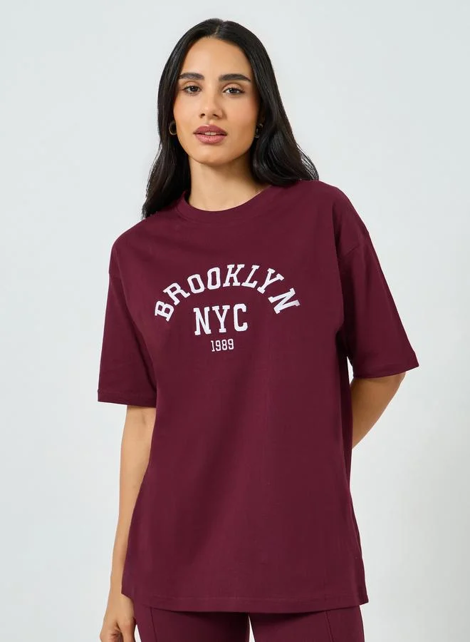 Embroidered Oversized Cotton T-Shirt Burgundy