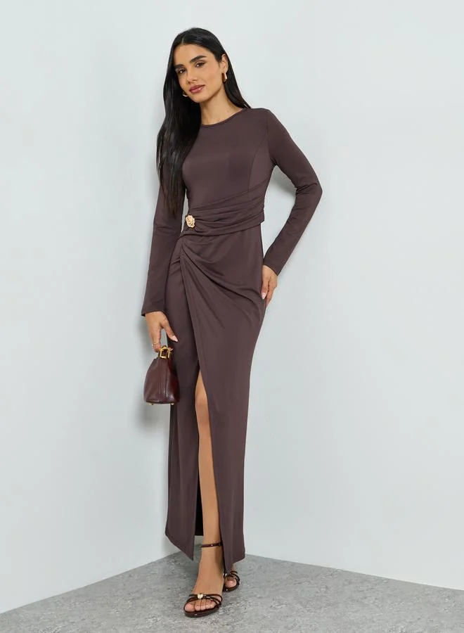 Ruched Long Sleeve Maxi Dress with Metal Buckle Dark Brown