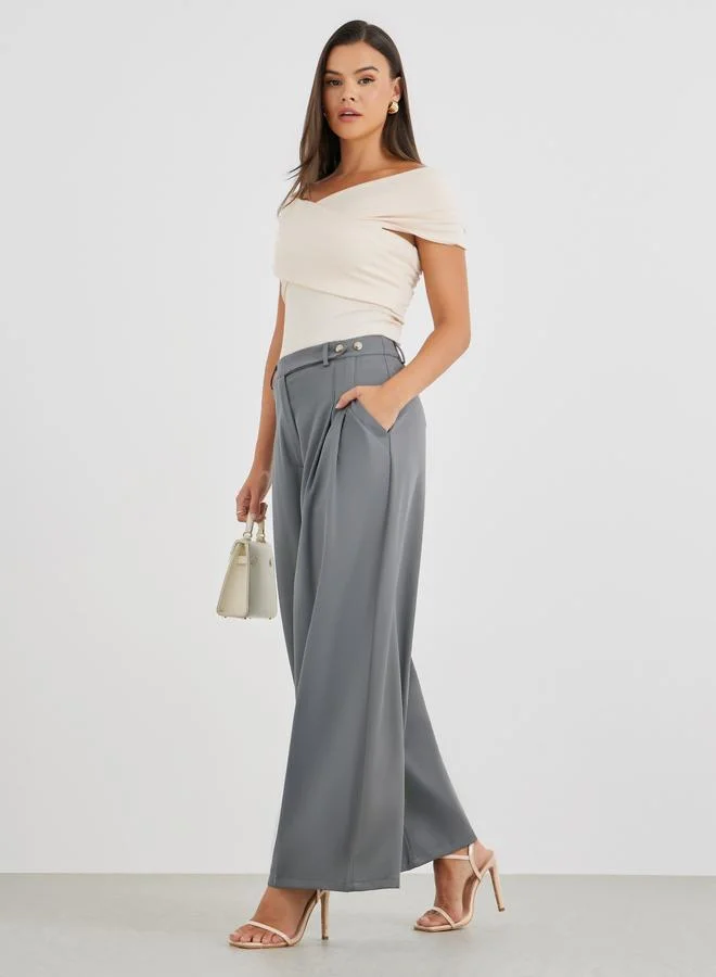 Mid Rise Wide Leg Pleated Pants Grey