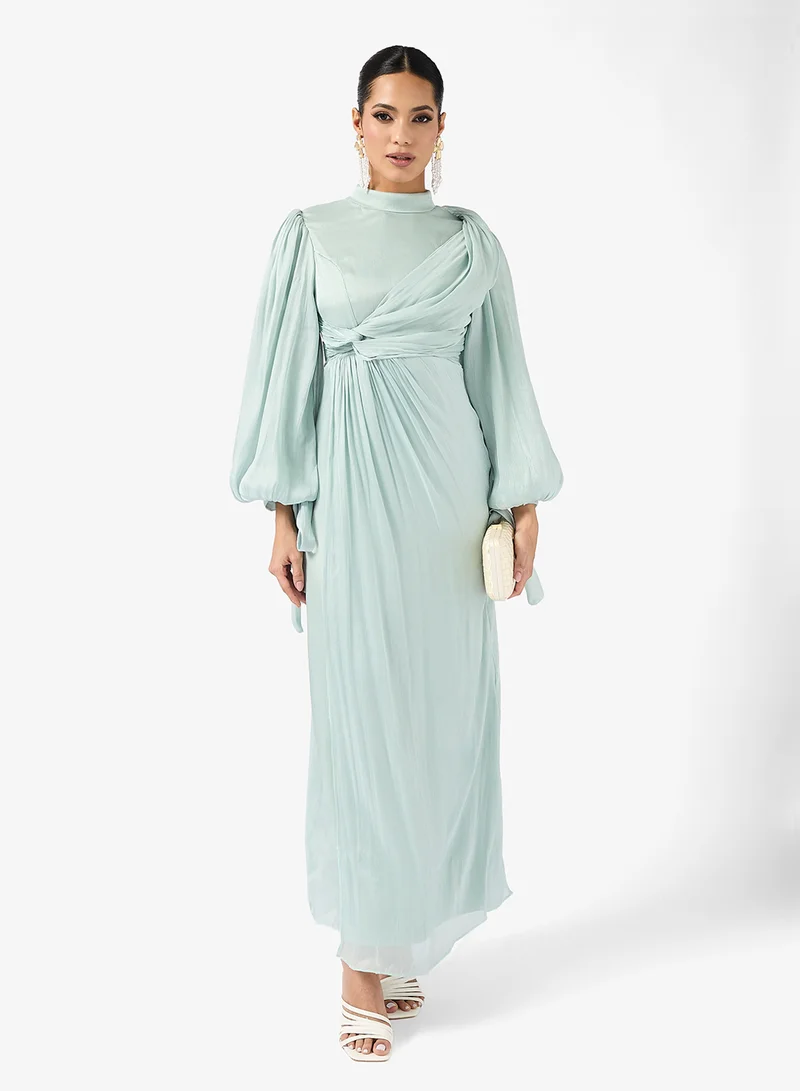 Ruched Puff Sleeve Dress Mint Green