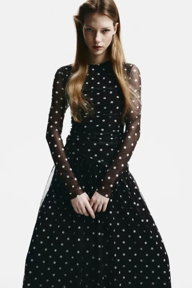 Brown Printed Fit & Flare Long-Sleeve Mesh Midi Dress