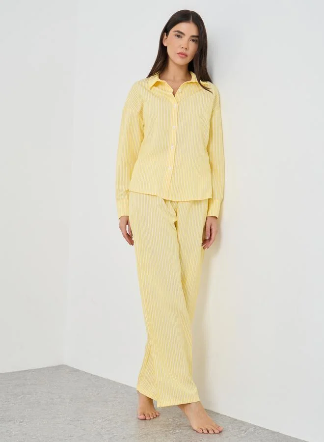 Striped Buttoned Pyjama Set Yellow