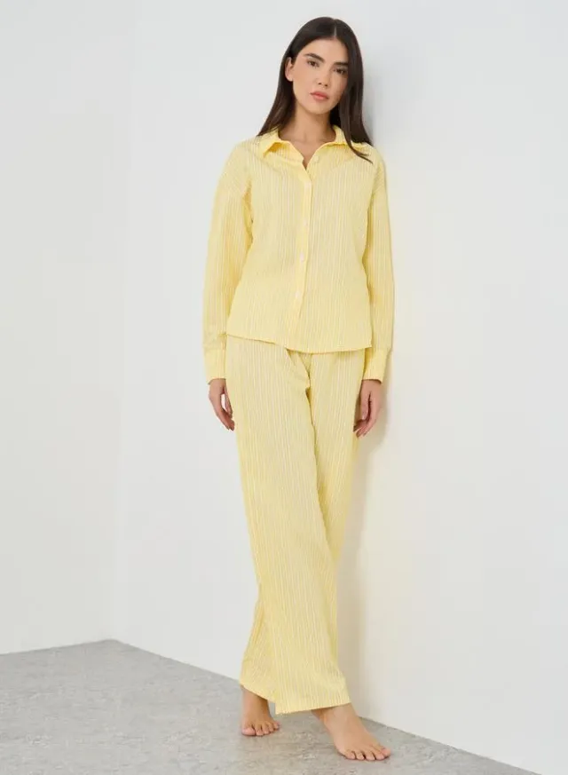 Striped Buttoned Shirt and Pyjama Set Yellow