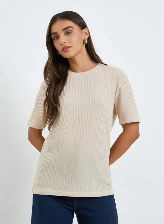 Women's Beige Knitted Short Sleeve T-Shirt (Polyester Blend)