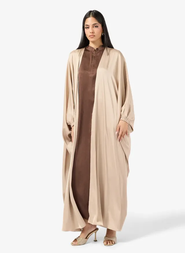 Beige High Neck Long Sleeve Abaya with Solid Pattern for Ramadan – image 4