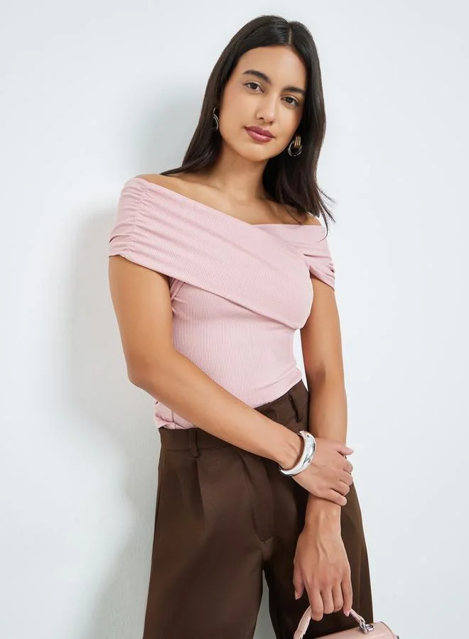 Off-Shoulder Wrap Knit Top Pink