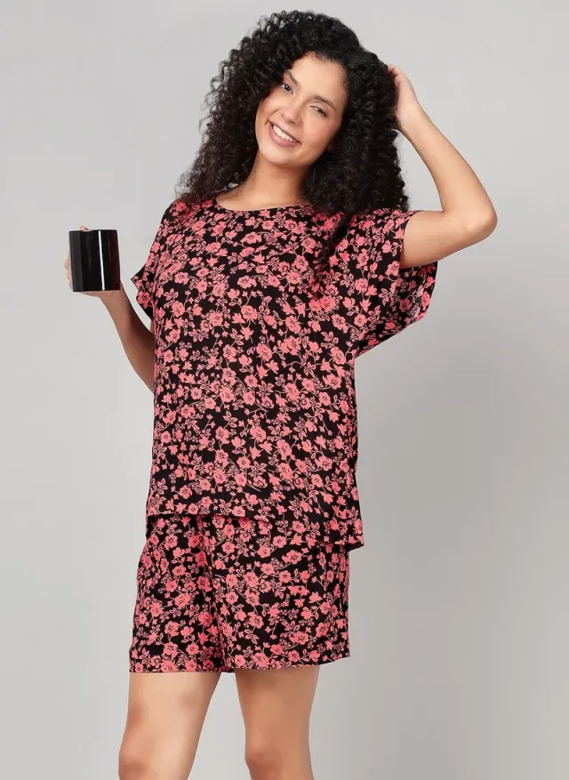 Clovia Floral Print Rayon Top & Shorts Set Black – image 5