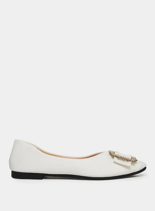 Square Buckle Flats White