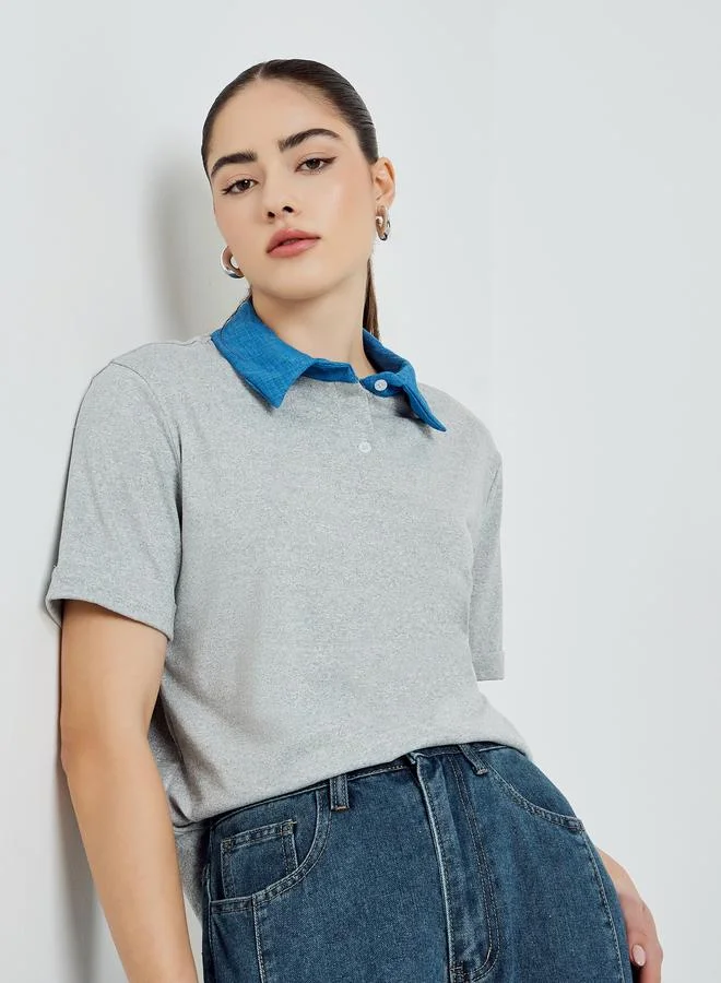 Contrast Collar Polo Shirt Grey