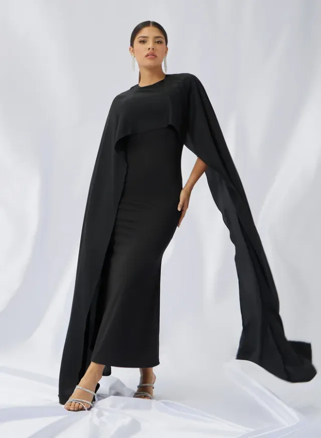 Cape Sleeve Maxi Dress Black – image 2