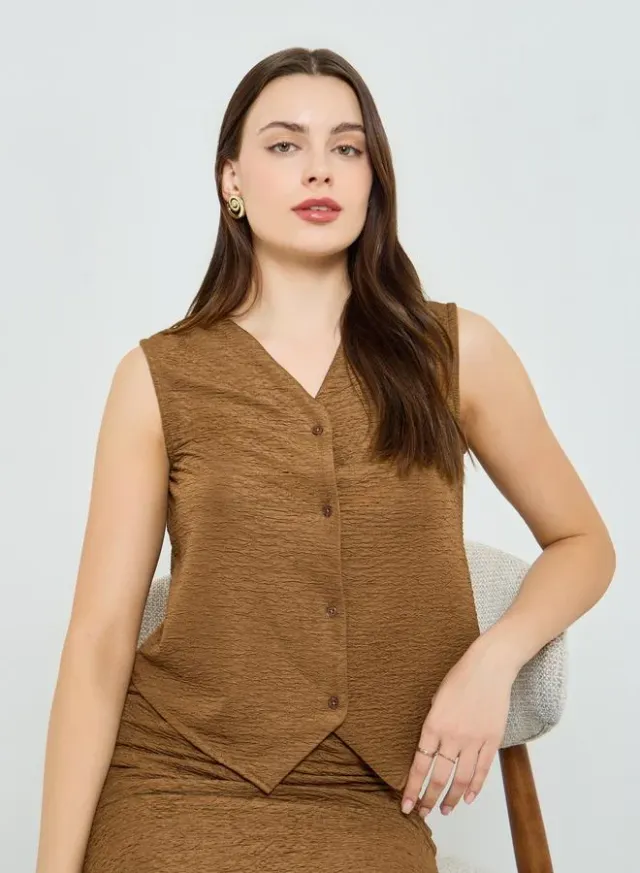 Women's Bronze Polyester V-Neck Sleeveless Waistcoat – image 5
