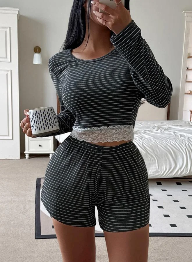 Striped Lace Trim Pajama Set Grey