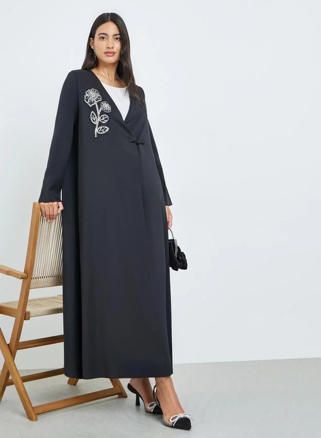 Beaded Patch Button Abaya Black