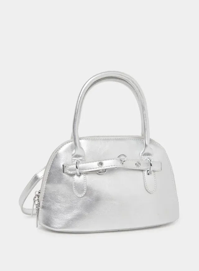 Styli Belted Detail Dual Handle Handbag Silver
