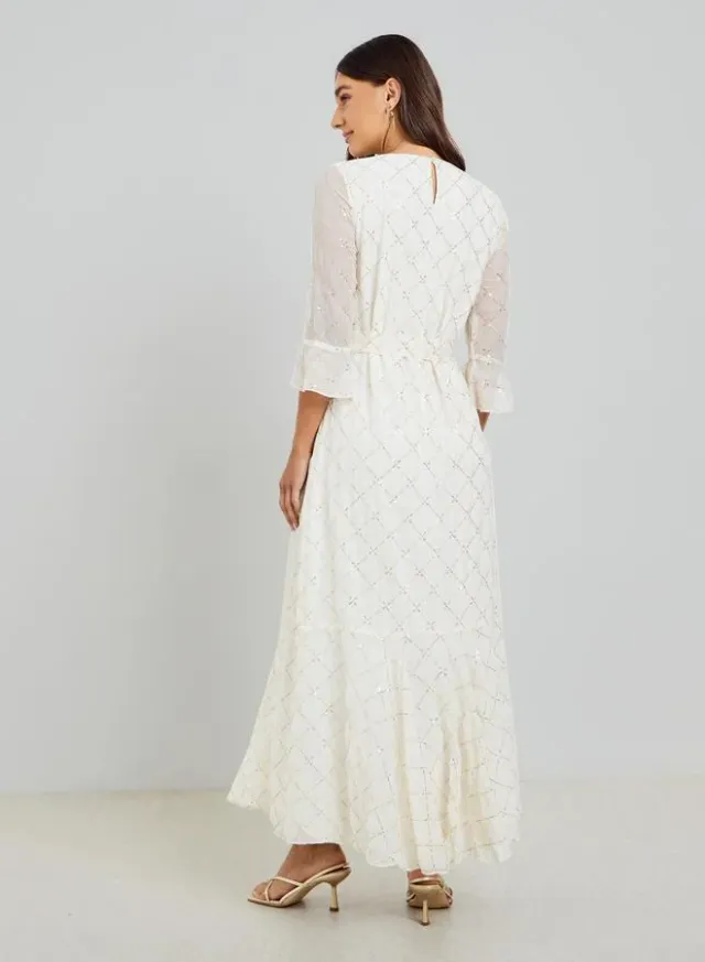3/4 Sleeve Sequin Maxi Dress Off White – image 5