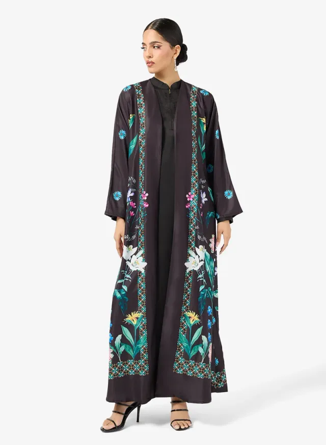 Charcoal Floral Print Long-Sleeve Abaya for Women – image 4