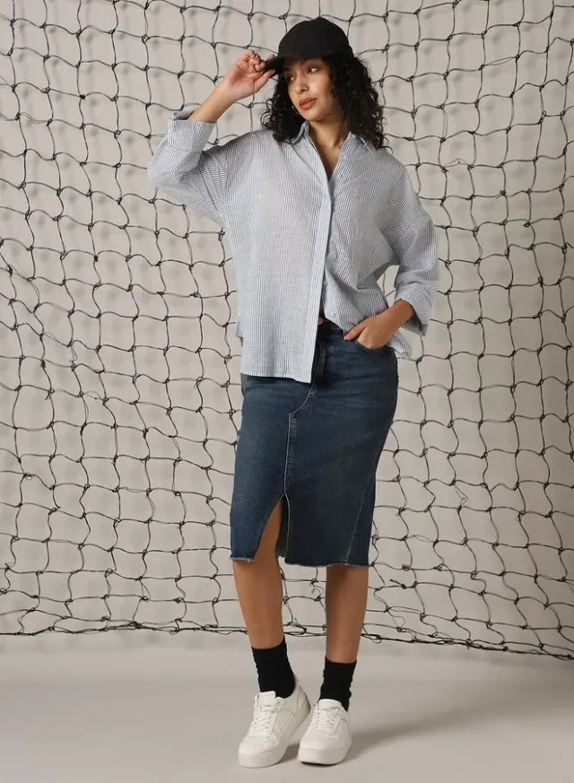 Women's Blue 100% Cotton Striped Button Down Oversized Shirt – image 2