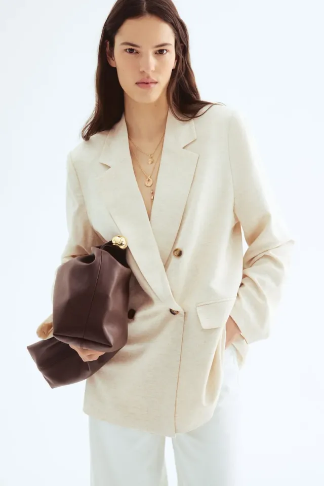 Beige Linen-Blend Double-Breasted Blazer for Women