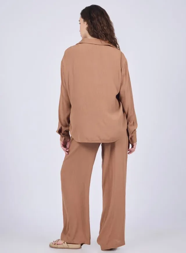 Brown Relaxed Fit Collared Shirt and High-Rise Pants Co-Ords – image 3