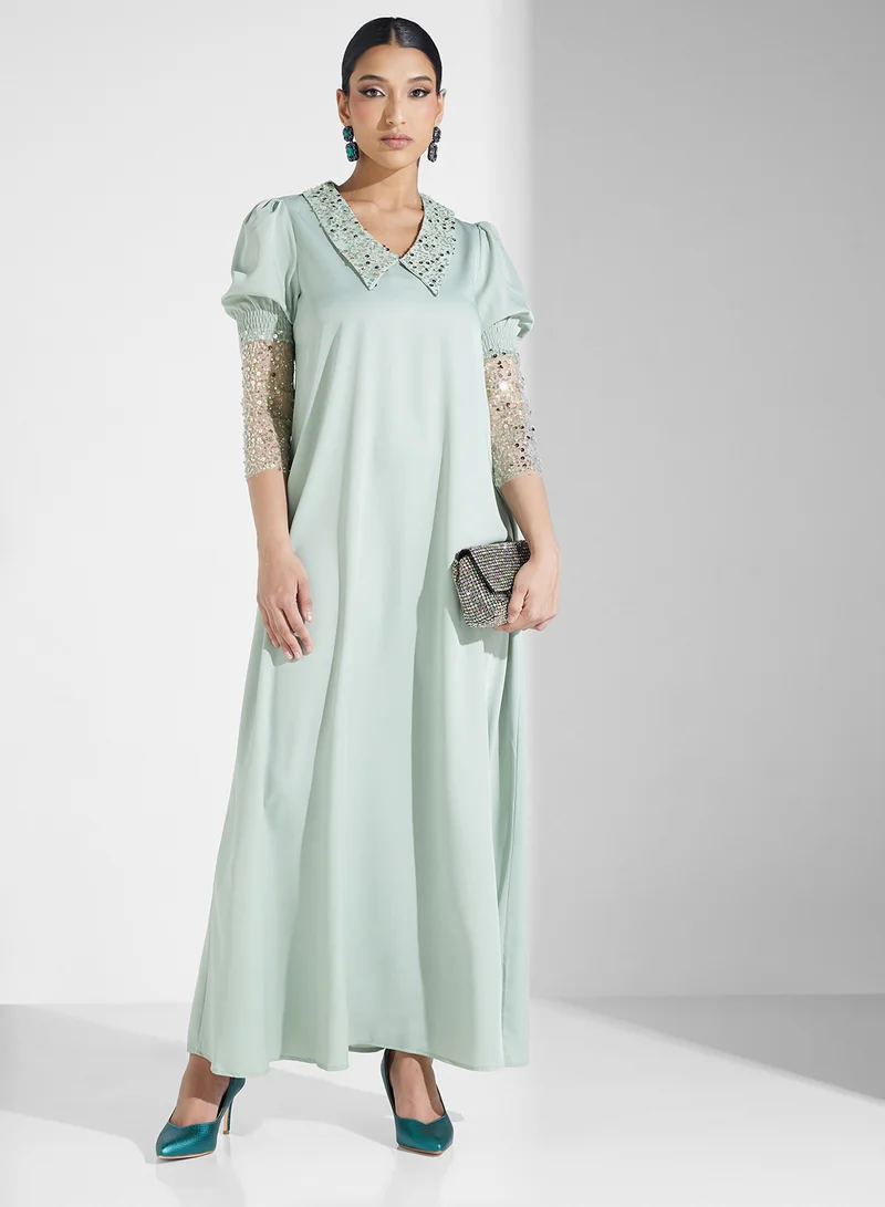 Shimmer Sleeve A-Line Dress Seafoam Green