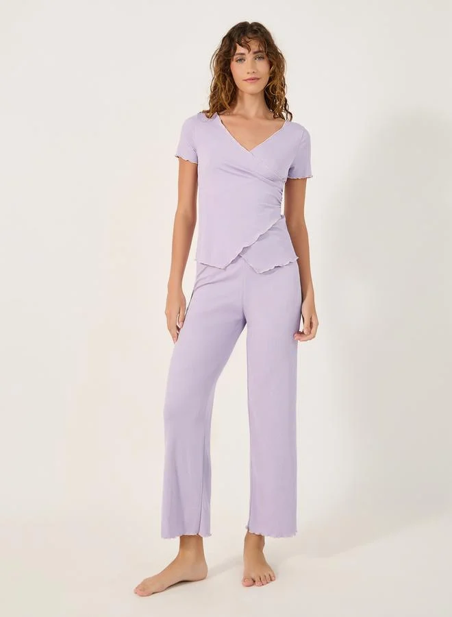 Contrast Rib Wrap Tee and PJ Set Light Lavender