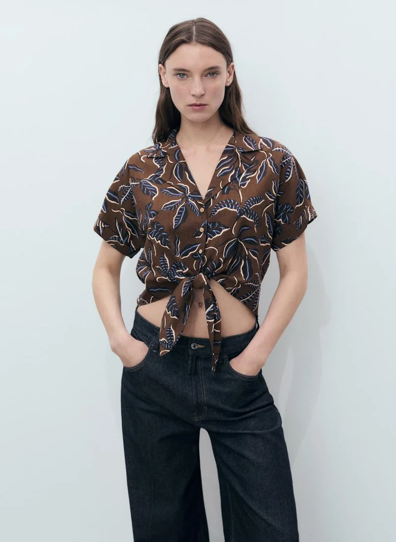 Printed Knot Crop Shirt Brown