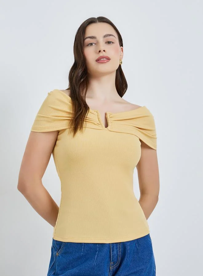 Women's Ribbed Off-Shoulder Fitted Top Yellow