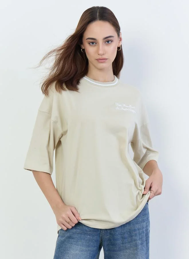 Oversized Slogan Embroidered T-Shirt Beige