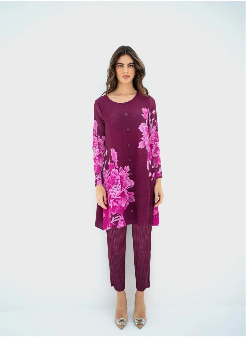 Floral Print Shirt and Pants Set Dark Magenta