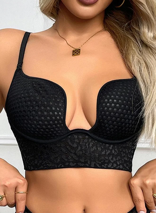 Textured Padded Wired Longline Push Up Bra Black