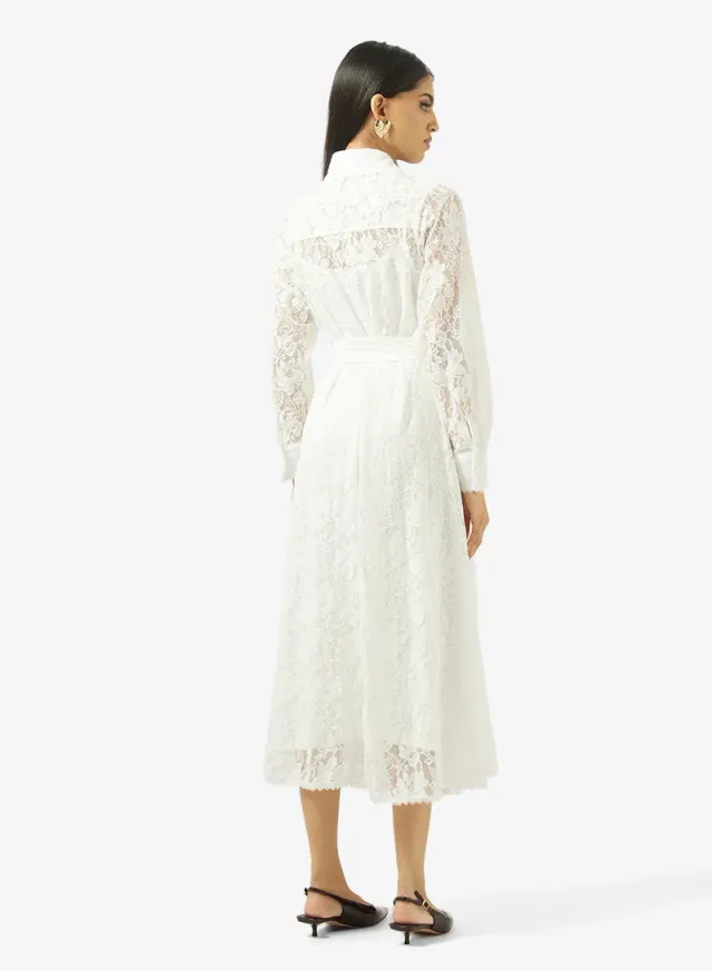 White Embroidered A-line Midi Dress with Collar and Long Sleeves – image 2