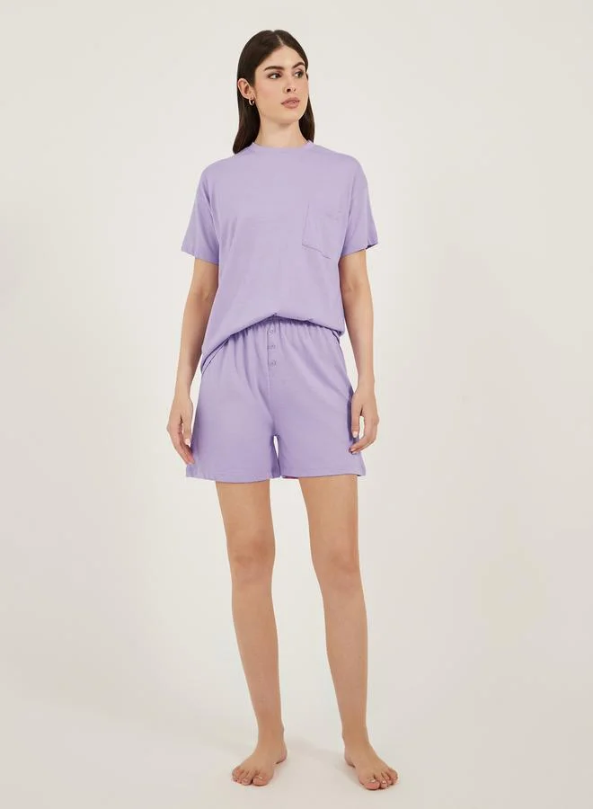 Dropped Shoulder Pocket T-Shirt and Pyjama Shorts Set Lilac