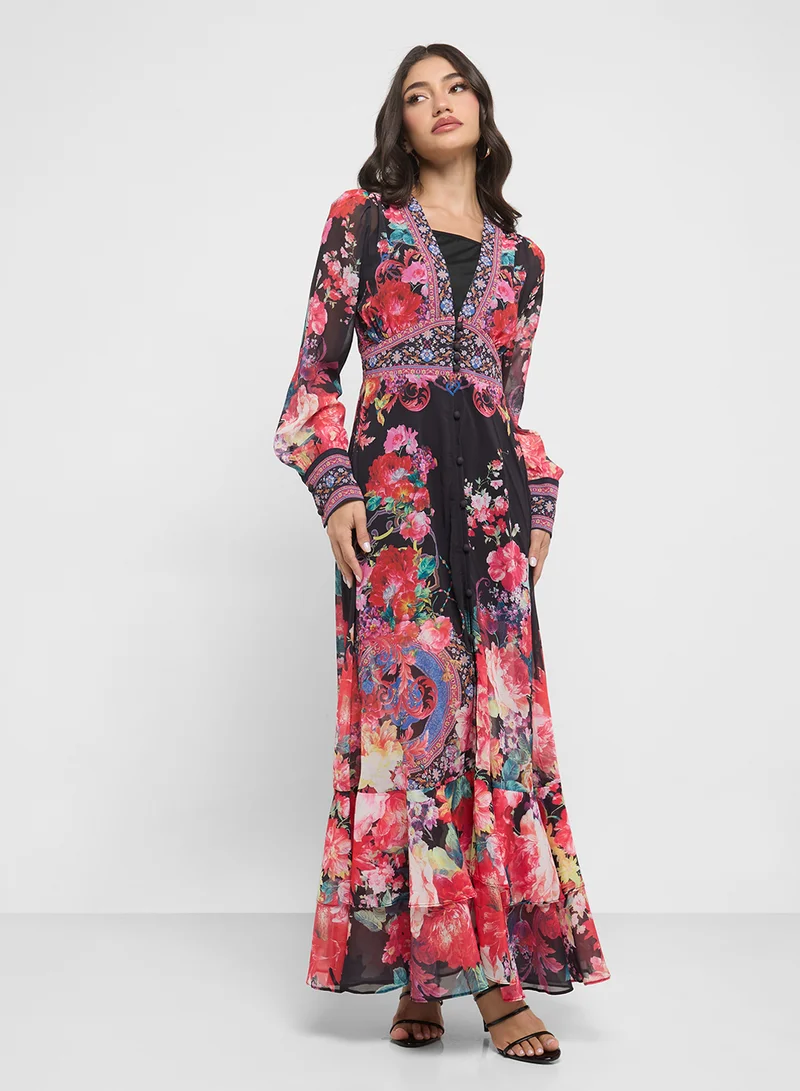 Floral Chiffon Dress Dark Magenta