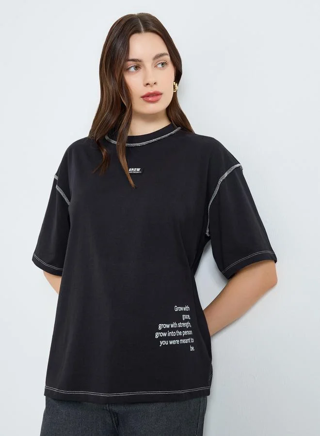 Women's Oversized Graphic Slogan T-Shirt Black