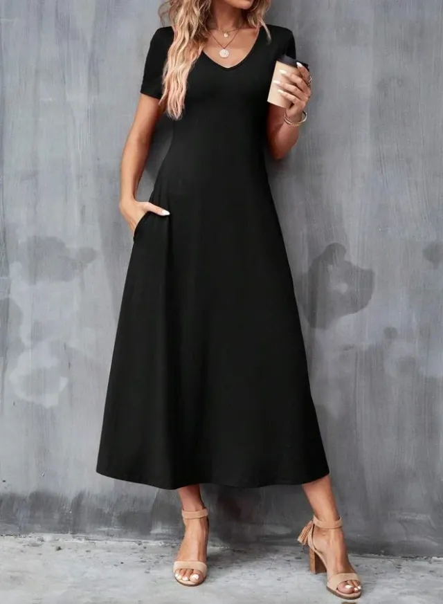 Short Sleeve A-Line Midi Dress Black – image 3