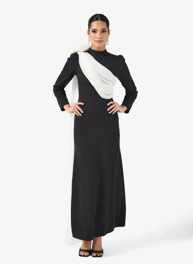 Black Maxi Shift Dress with High Neck and Drape Shoulder Trail – image 4