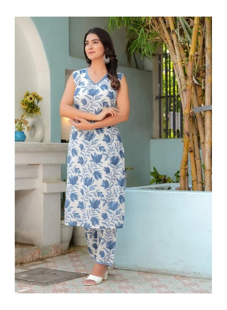 Leaf Print Sleeveless Kurta Set Blue
