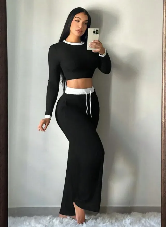 Women's Contrast Neck Top & Drawstring Pants Set – image 5