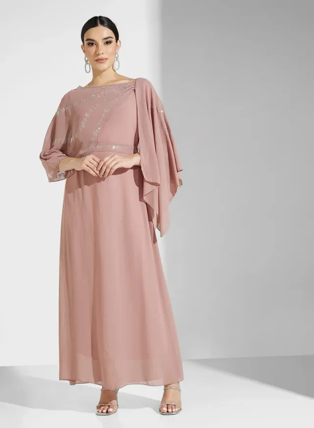 Dusty Pink Chiffon Overlay Maxi Fit & Flare Dress – image 4