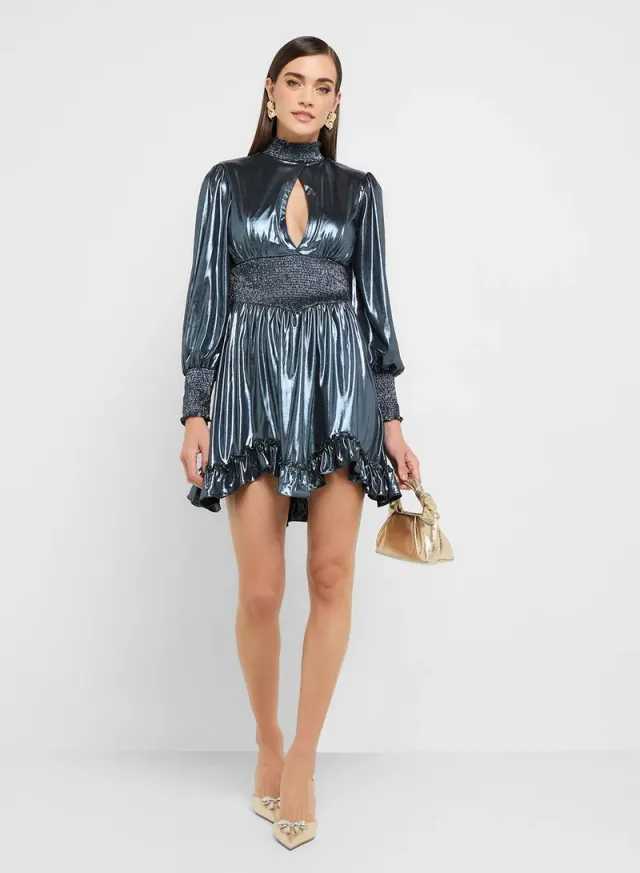 Petrol Blue Metallic Pleated Mini Dress with Keyhole Detail – image 4