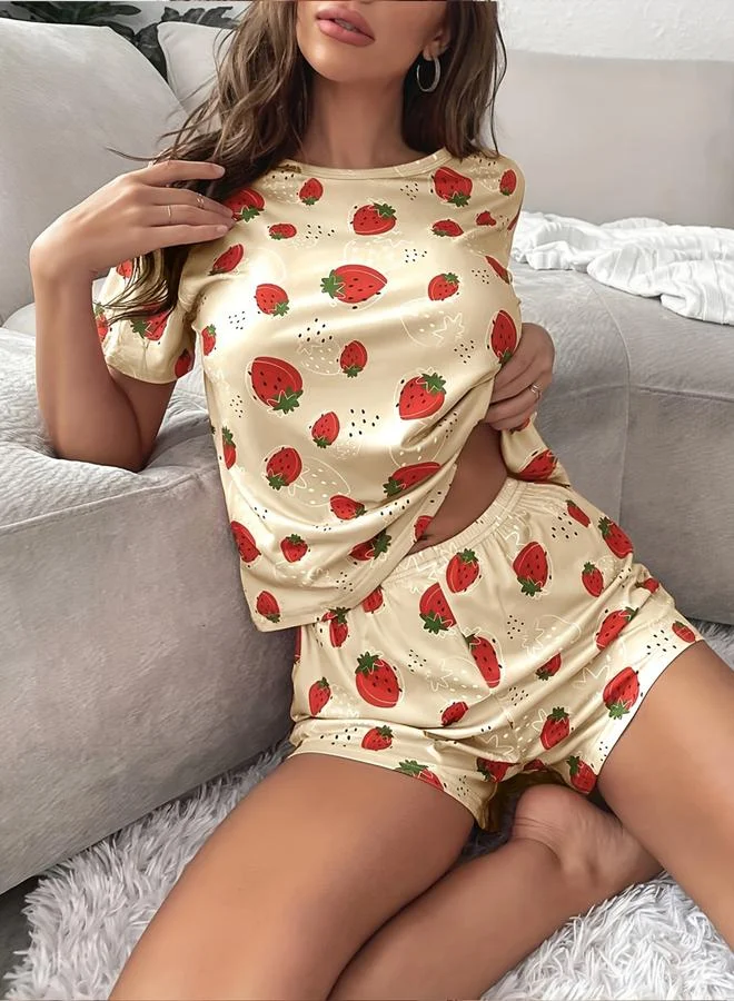 Strawberry Print T-Shirt and Shorts Set Beige