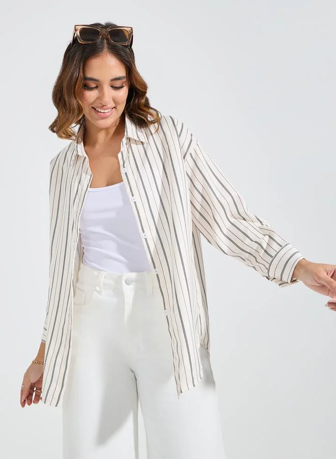 Striped Oversized Button Shirt Beige