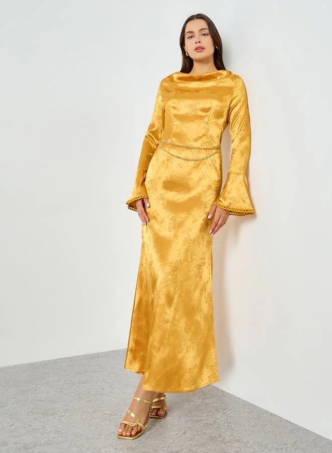 Cowl Neck Flare Sleeve Mermaid Maxi Dress Mustard Yellow
