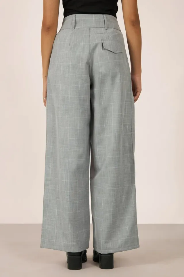 Women's Grey Plaid Wide Leg High-Rise Full-Length Trousers – image 5