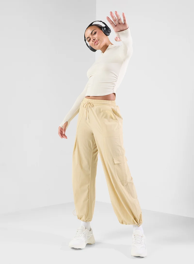 Elastic Waist Parachute Pants Beige