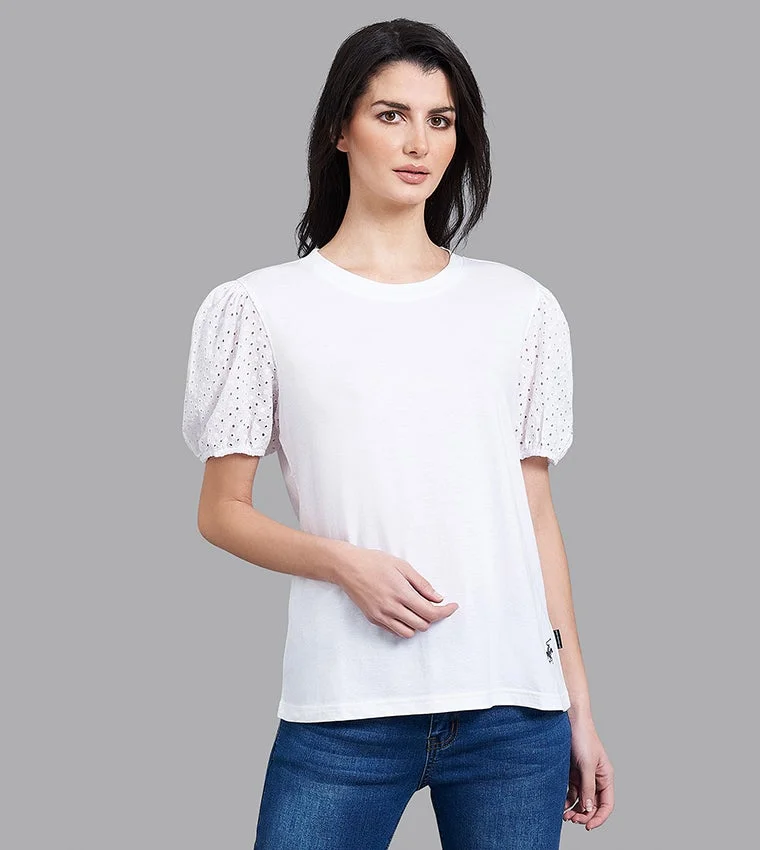 Eyelet Balloon Sleeve T-Shirt White