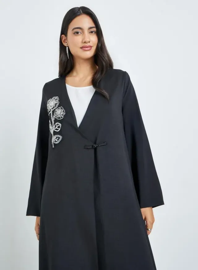 Women's Black Embroidered Abaya with Loop Button Closure – image 2