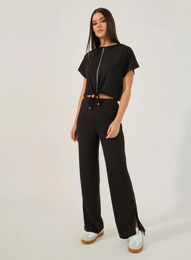 Crop Top and Wide Leg Pants Set Black