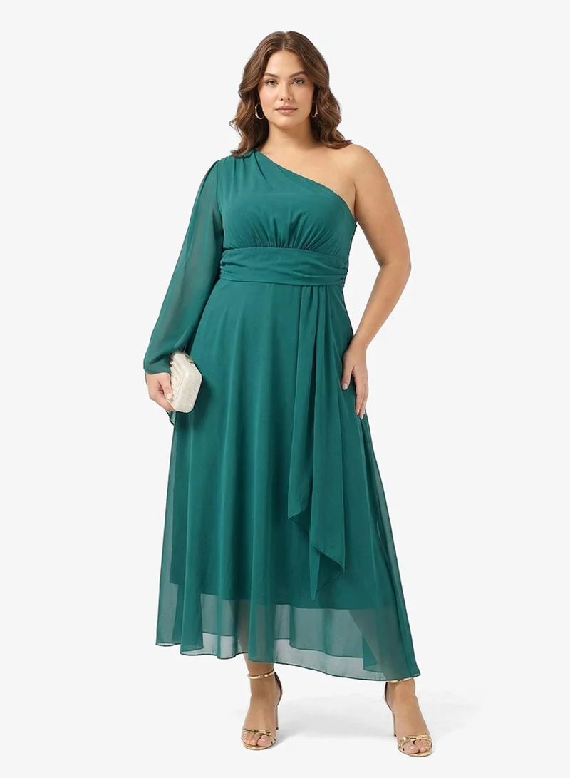 One Shoulder Trail Sleeve Dress Teal