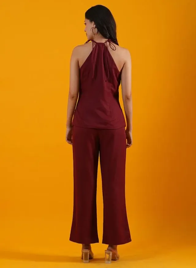 Red Halter Neck Crepe Jumpsuit with Front Slits (Polyester) – image 3